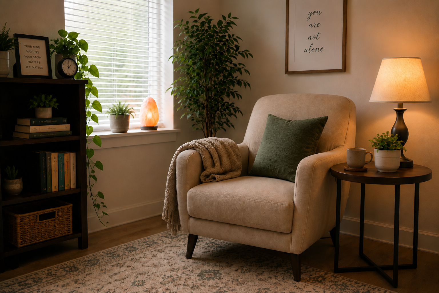 A cozy telehealth counseling office with a beige armchair, dark wooden side table with a lamp and a potted plant, a bookshelf filled with books, and a window with white blinds. Decor includes framed wall art, plants, a salt lamp, and a throw blanket.