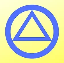 A yellow background with a blue circle containing a blue triangle with a horizontal line beneath it.