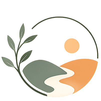 A circular logo with a landscape scene inside, featuring a winding river, green and orange land areas, and a leaf on the left side.