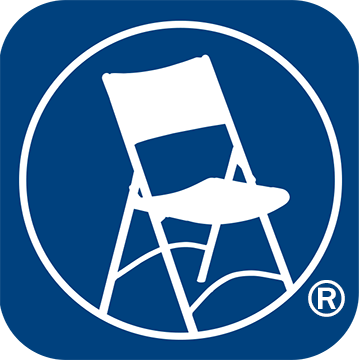 Icon of a folding camp chair in white on a dark blue background with a round border.