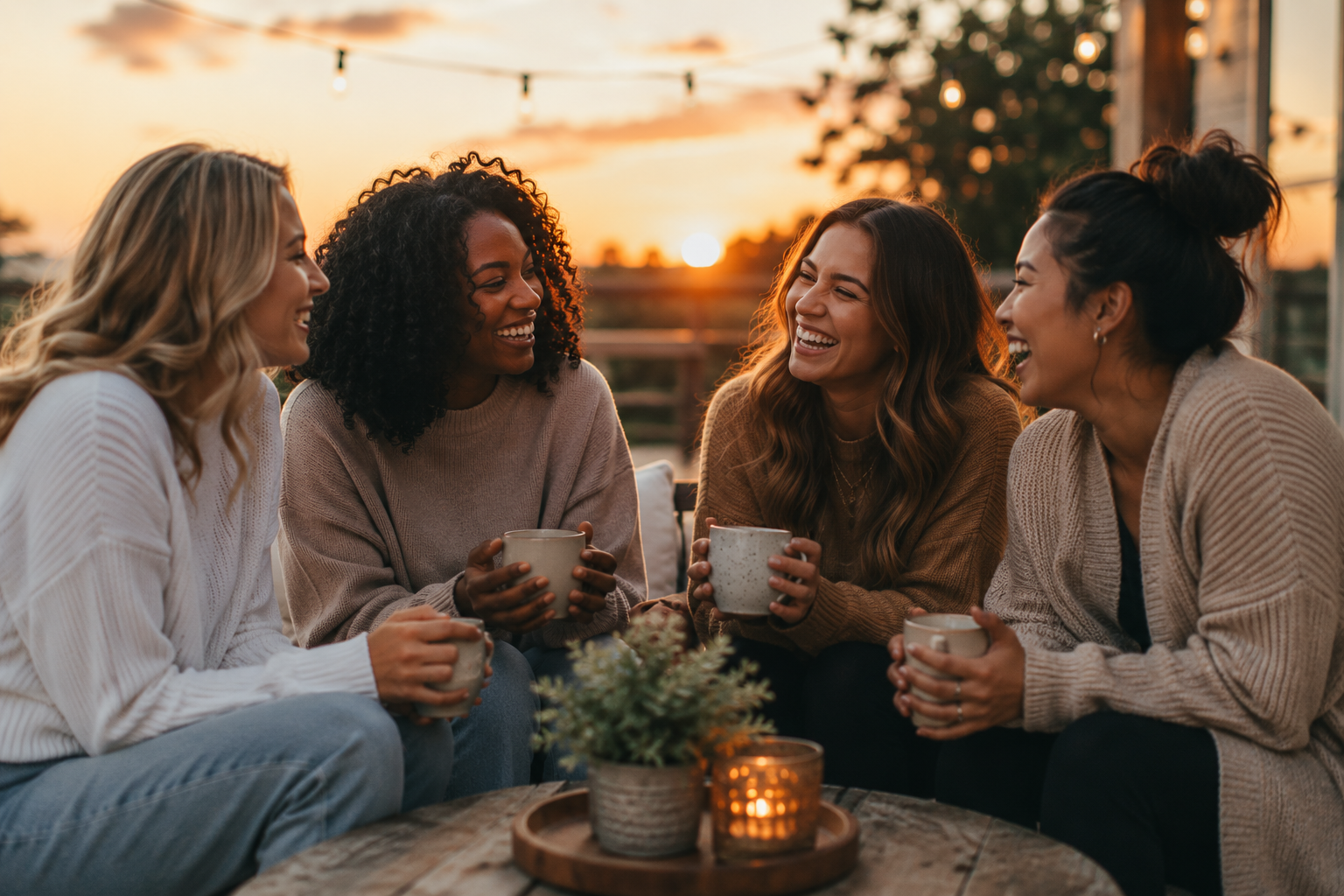 Four women smiling, connecting, and chatting while drinking coffee or tea outdoors during sunset, with string lights overhead and a table with a plant and a candle in the foreground.