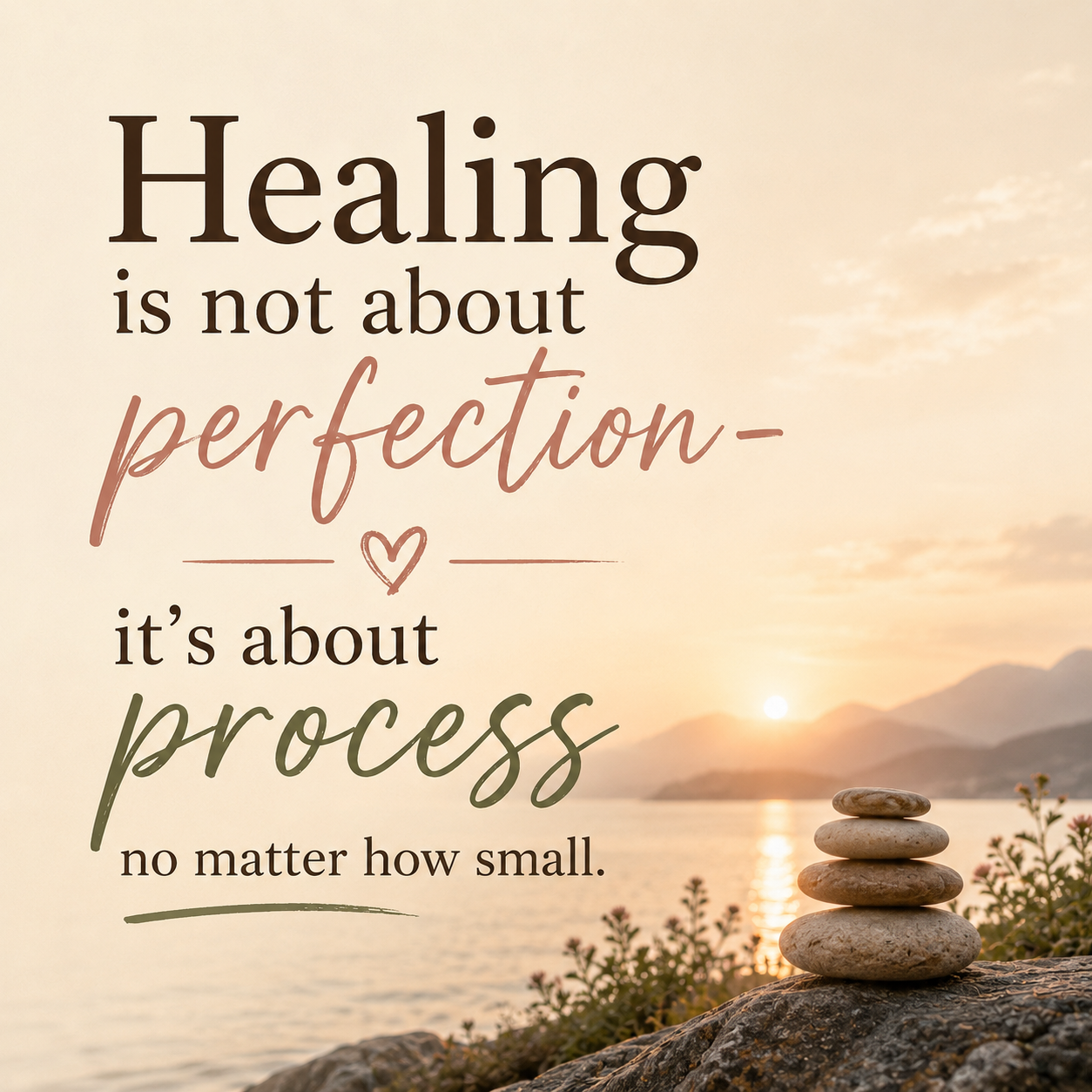 A sunset over a body of water with mountains in the background, rocks, and flowers in the foreground, and a quote about healing and process written over the image.