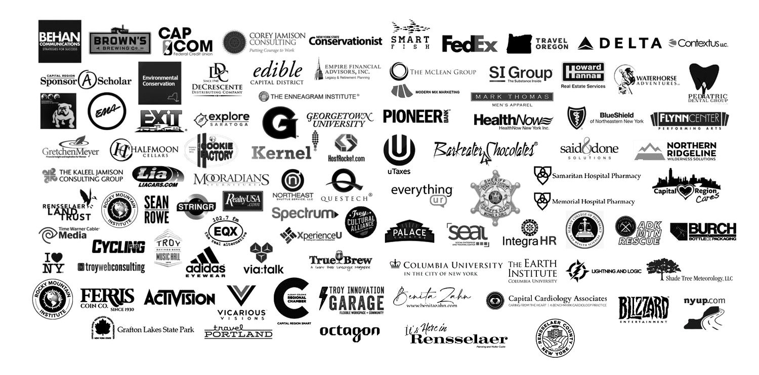 A collage of black and white logos from various companies, organizations, and brands.