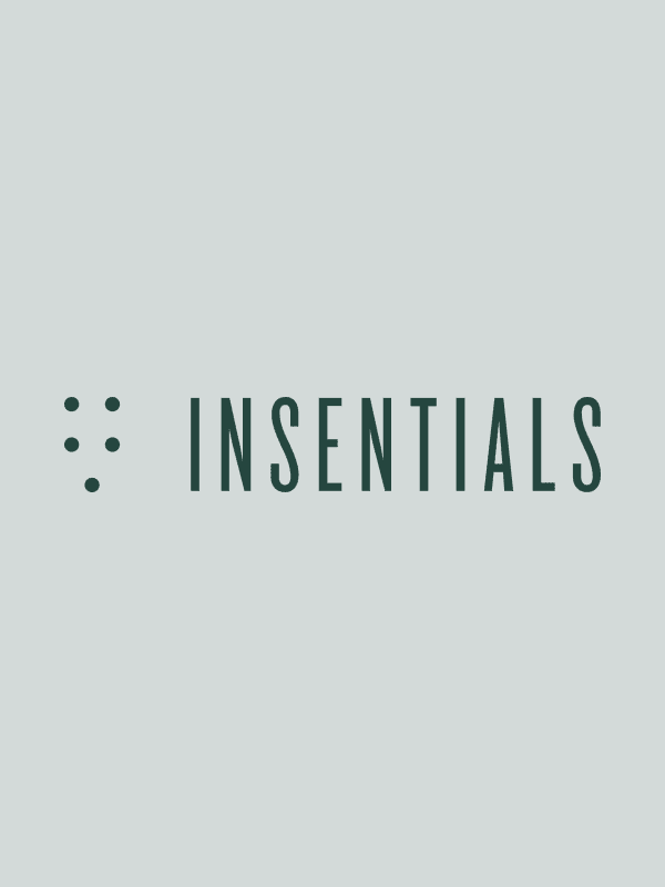 A light gray background with the word 'INSENTIALS' in uppercase dark green letters and a dot pattern symbol to the left.