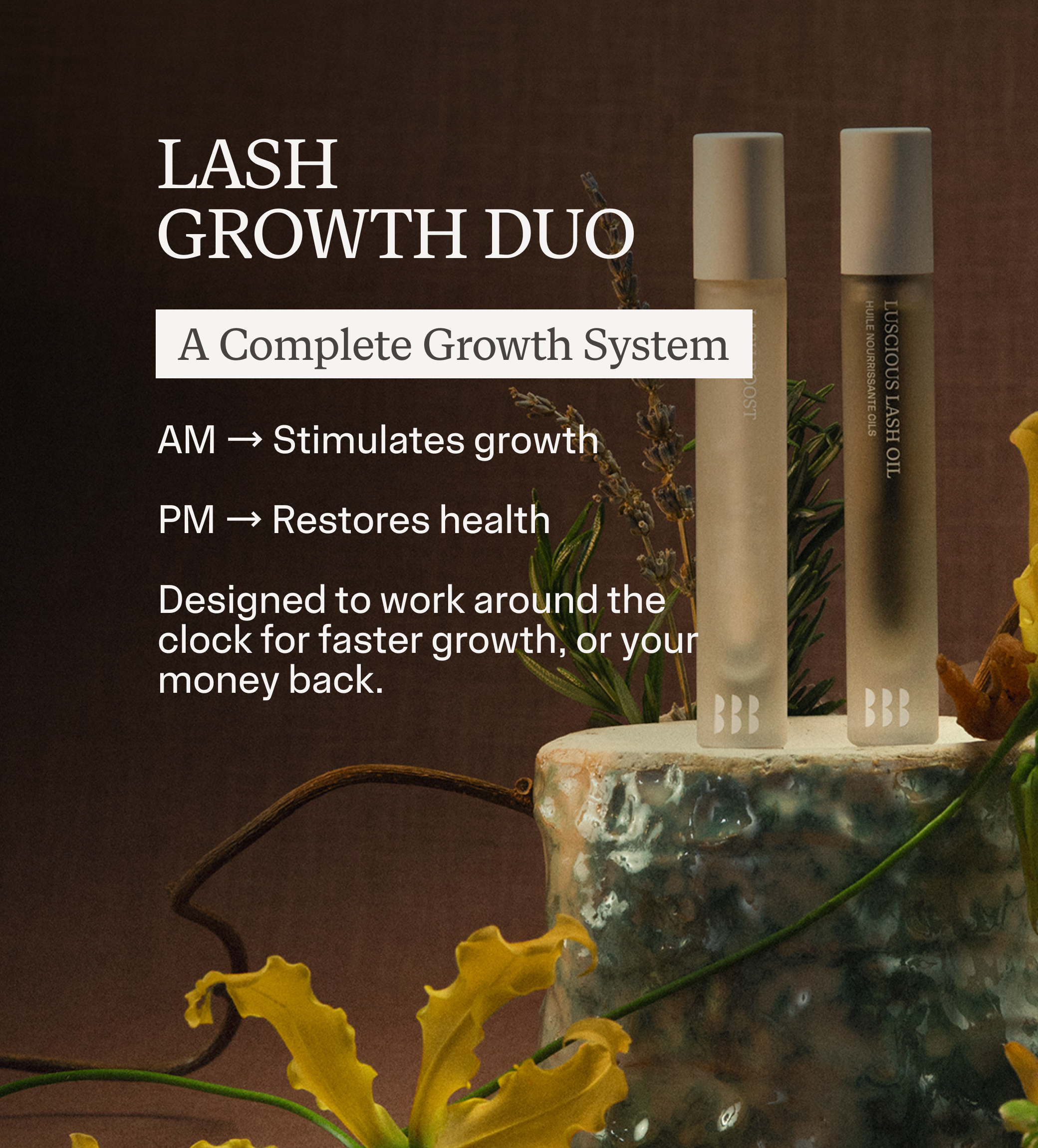 A promotional webpage for Lash Growth Duo, a complete system with natural ingredients. The background features a dark brown backdrop with white text. The product is displayed with two beige bottles, surrounded by yellow flowers, green leaves, and a marble surface.