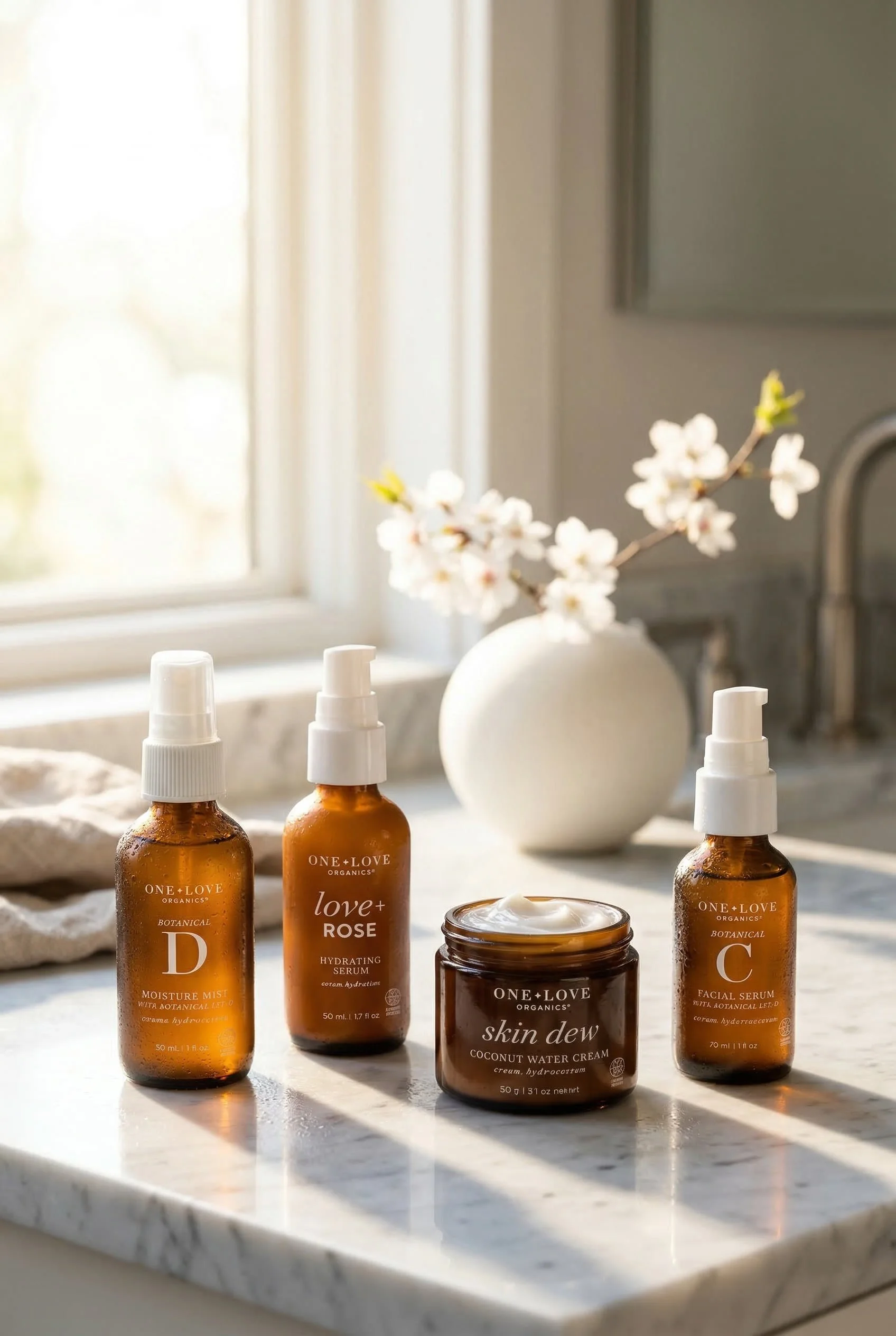 A collection of skincare products in amber bottles with white spray tops, labeled with ingredients like rose, coconut water, and facial serum, arranged on a marble countertop near a window with sunlight and a small white flower in the background.
