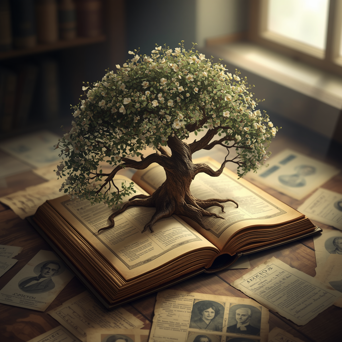 A bonsai tree growing from the pages of a large open book on a desk, with old photographs and documents scattered around.
