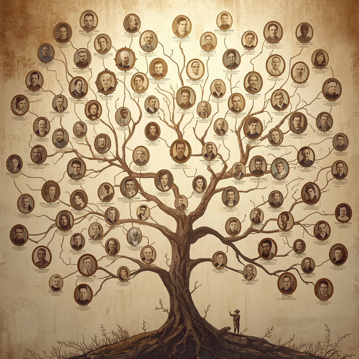 Family tree with photographs of individuals at each node.