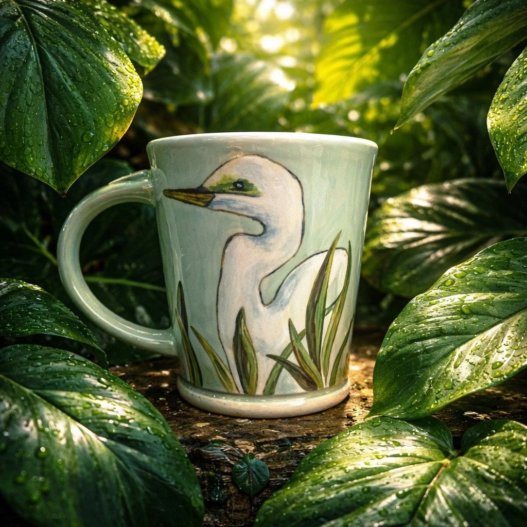 A ceramic mug with a painted heron standing among green grass, surrounded by green leafy plants with water droplets on their leaves, illuminated by sunlight.