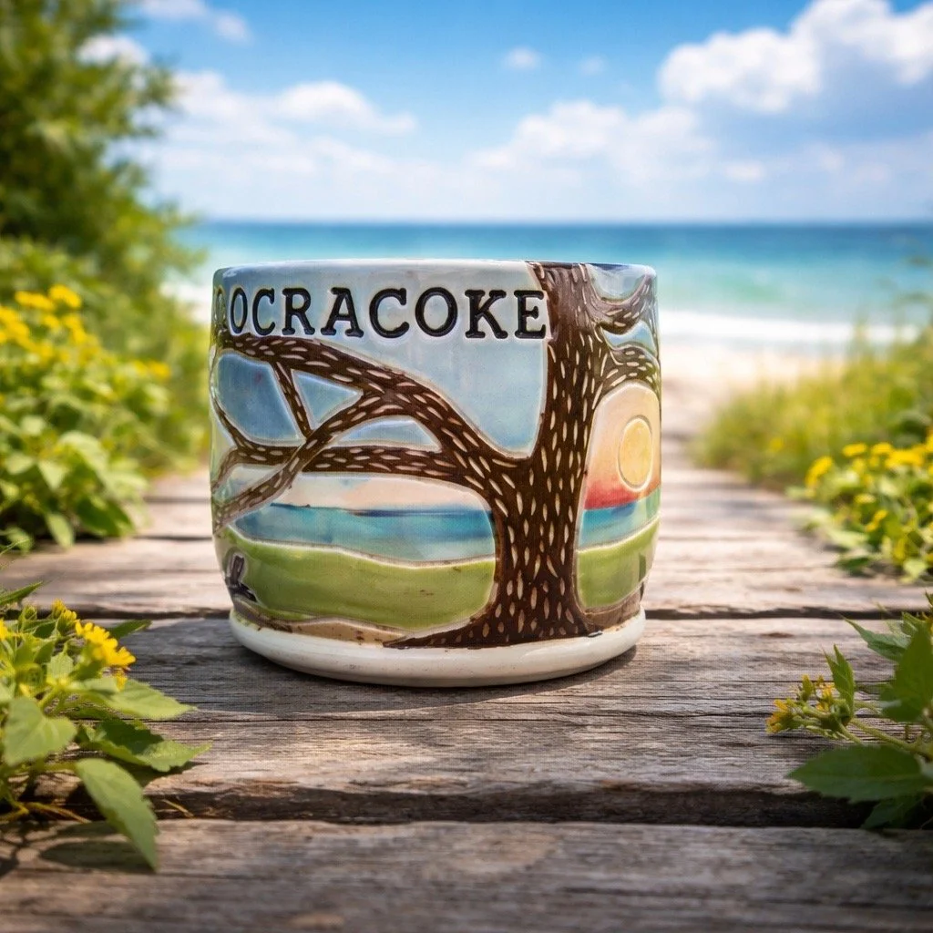 Decorative ceramic mug with the word 'Ocracoke' and a painted scene of a tree, sunset, and ocean, set on a wooden surface with beach and ocean in the background.
