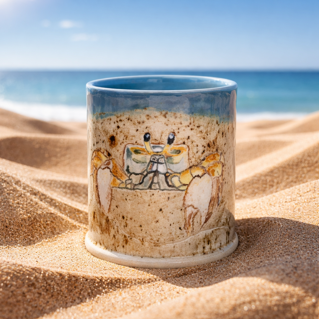 A ceramic mug with a painted crab design on sandy beach with ocean and sky in background.
