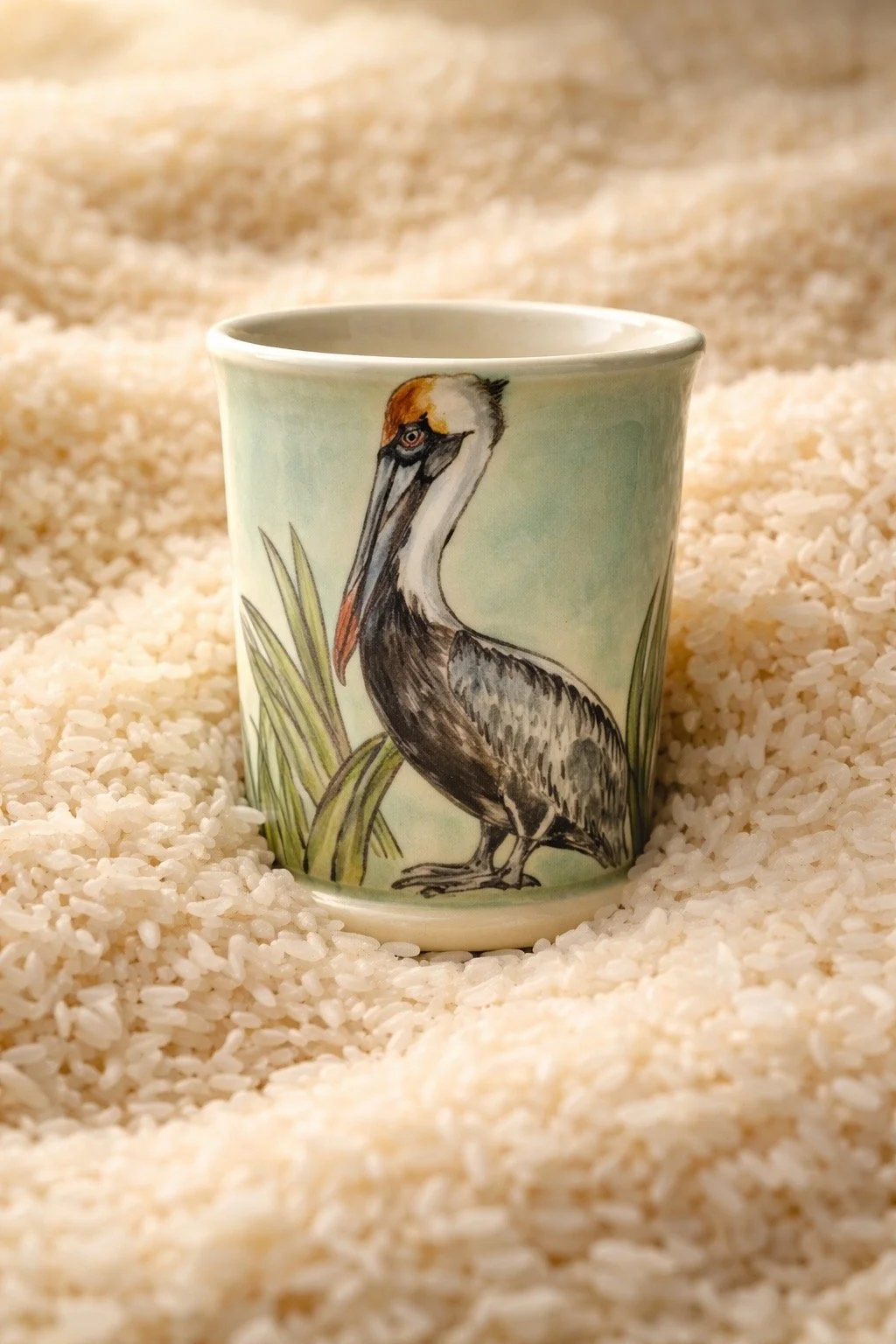 Ceramic mug with a pelican illustration, surrounded by rice grains.