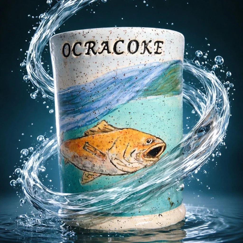 A ceramic mug with a watercolor fish design and the word 'OCRACOKE' on it, surrounded by splashing water.