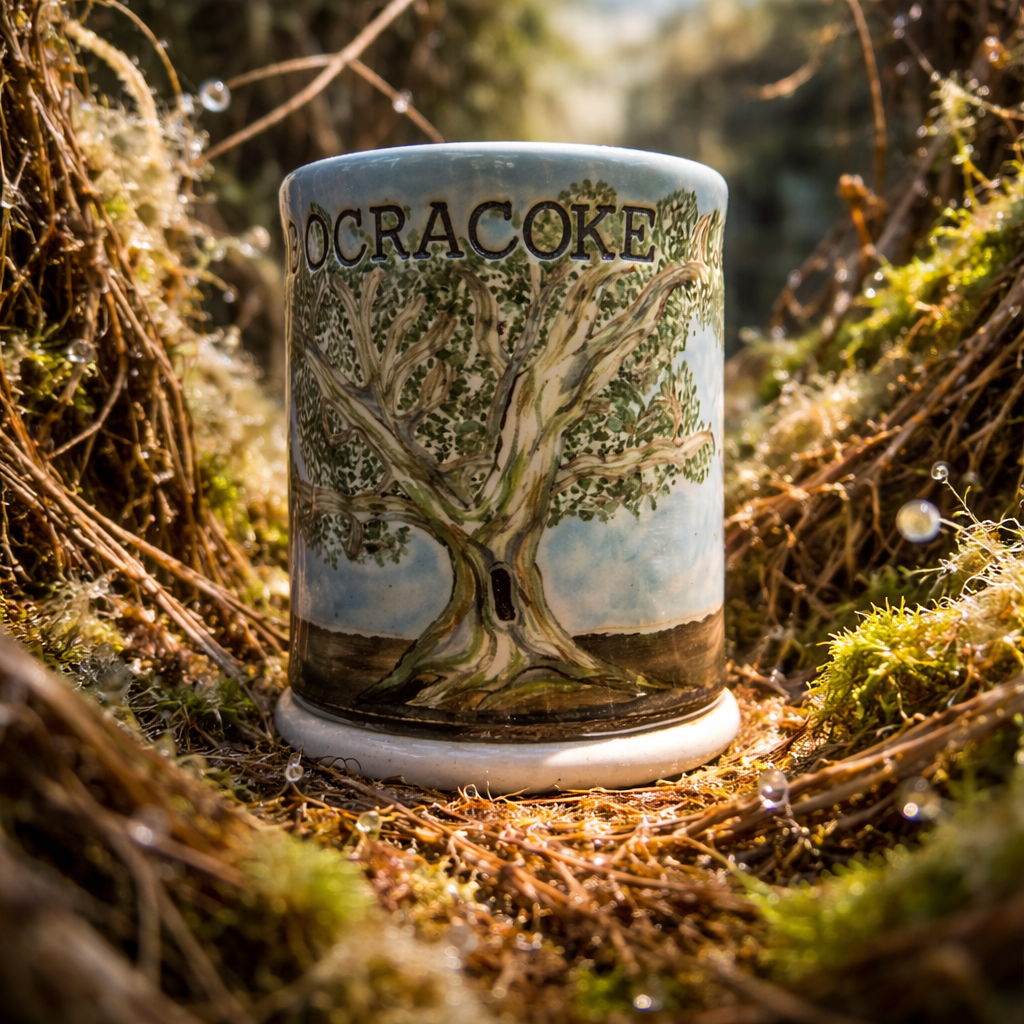 A ceramic mug with a painted tree and the word 'Oocracoke' on it, placed outdoors among moss and twigs.