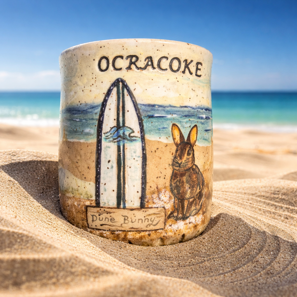 A ceramic mug with a beach scene and a bunny illustration, labeled 'Ocracoke' and 'Dune Bunny,' placed on sand with the ocean and sky in the background.