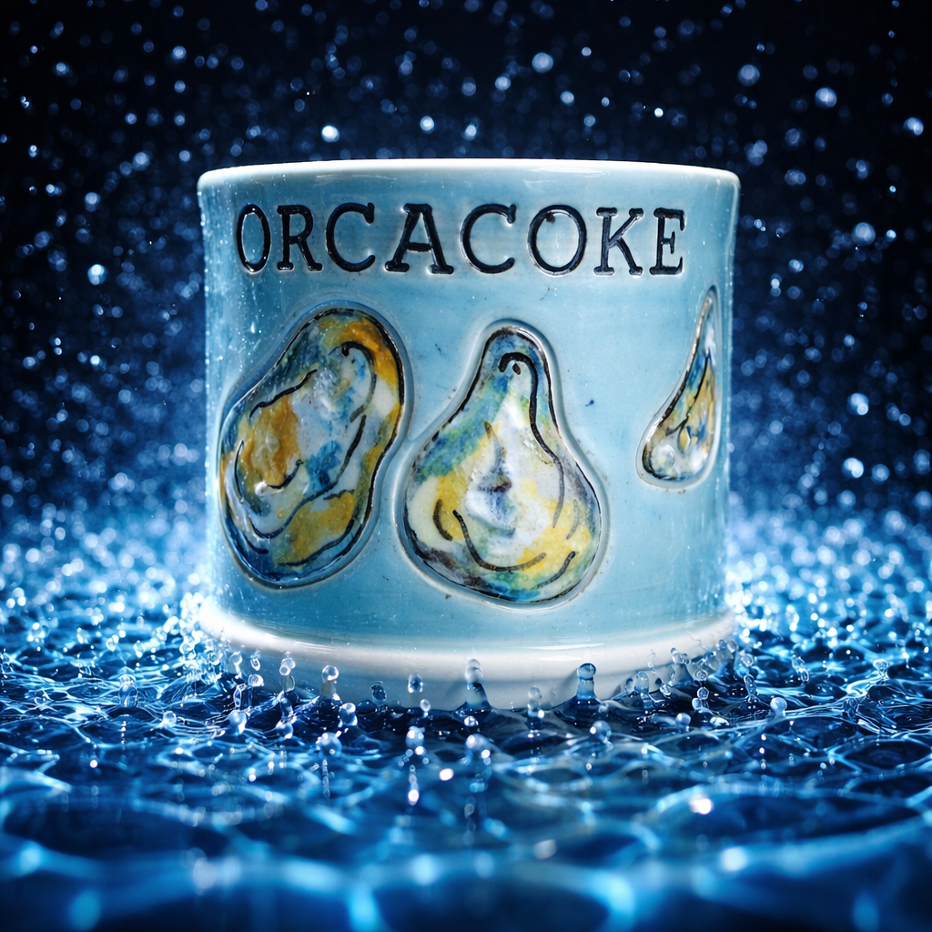 Ceramic mug with the word 'ORCACOKE' and illustrations of oysters, placed on a reflective wet surface with a sparkly blue background.