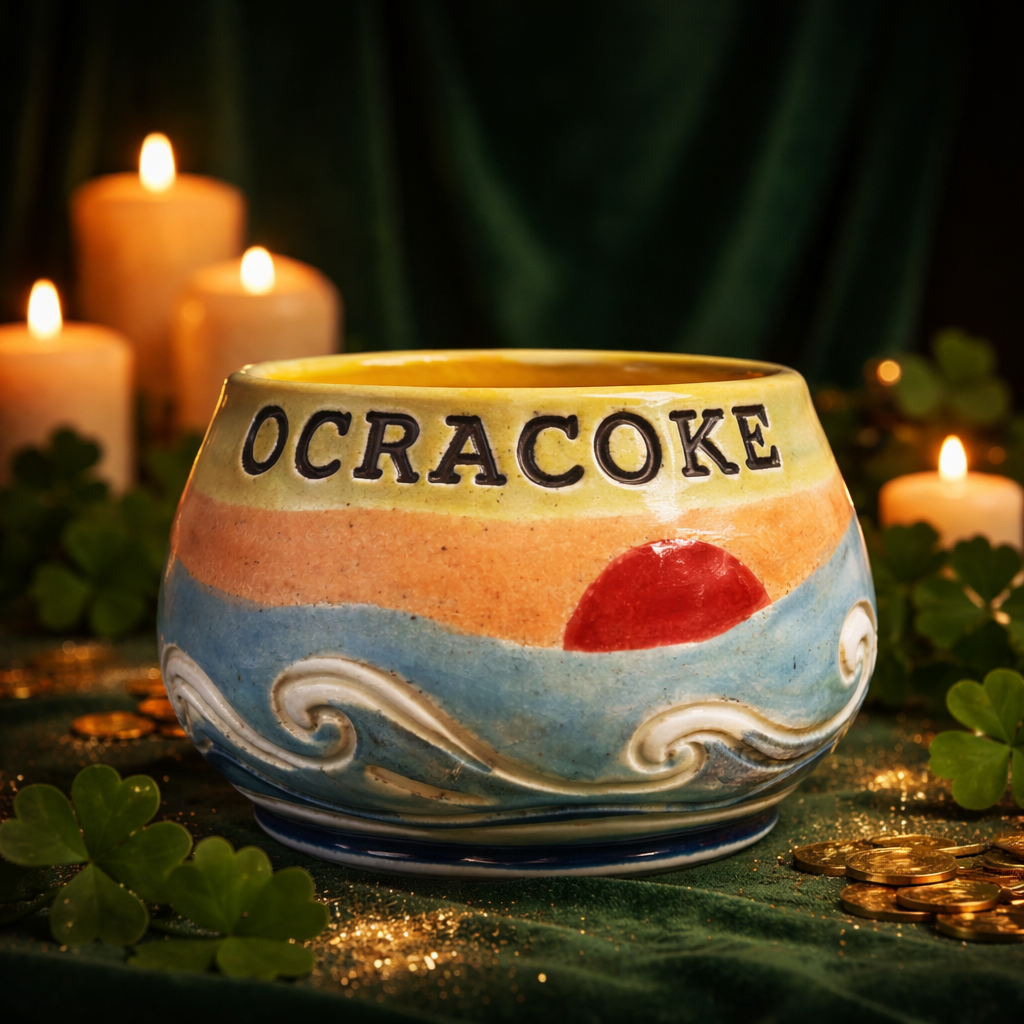 Colorful ceramic pot with the word 'Ocracoke' on it, surrounded by candles and shamrocks, in a dark setting.