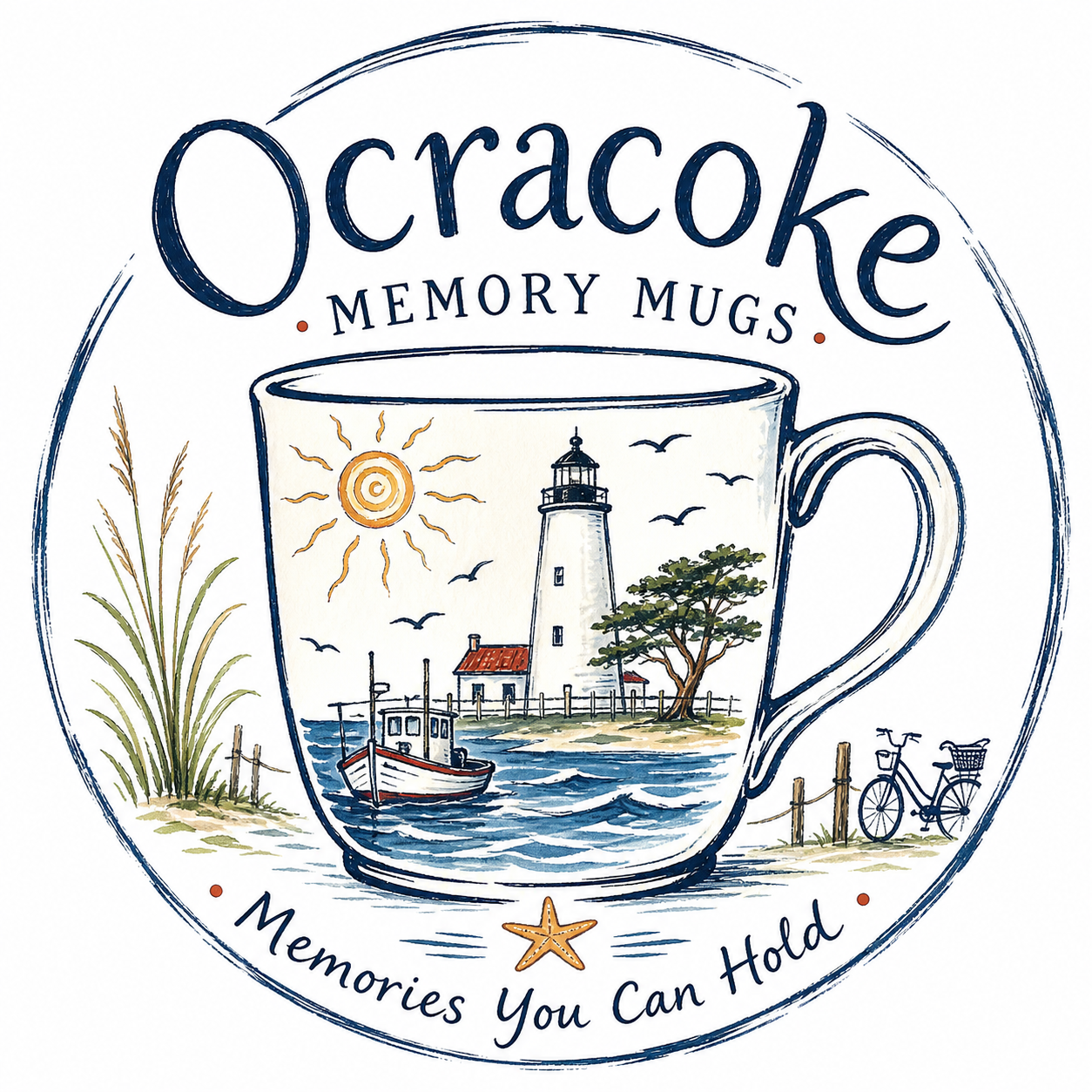Illustration of a lighthouse, boat, and trees on a tea mug with the text 'Ocracoke Memory Mugs' and the slogan 'Memories You Can Hold'.