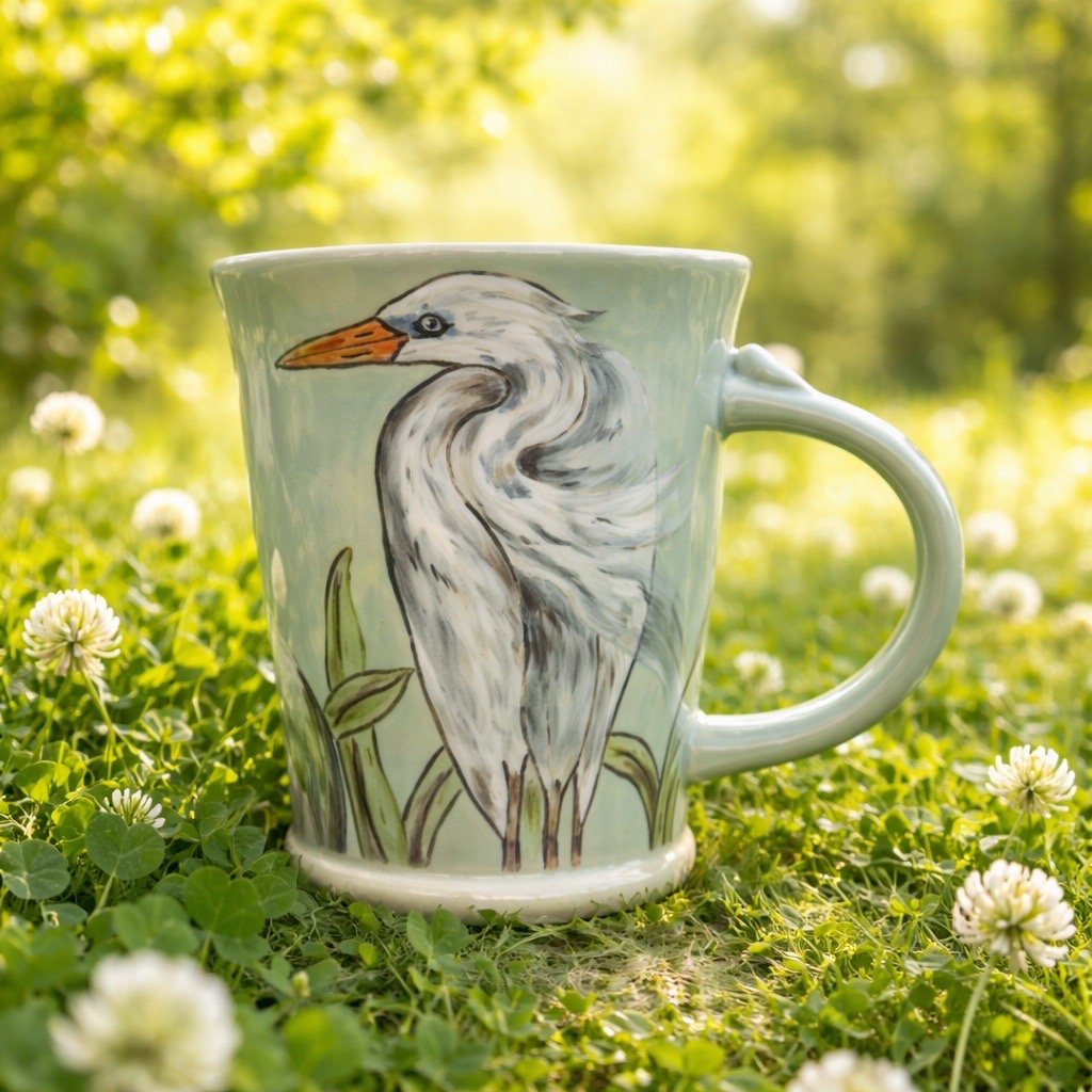 A ceramic mug with a painted picture of a heron, placed on grass with white clover flowers, in a sunny outdoor setting.