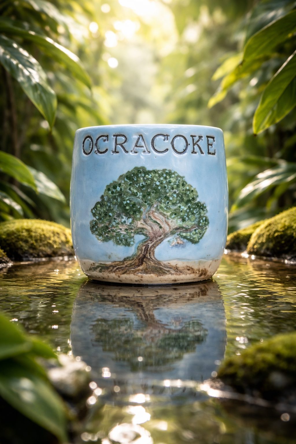 A ceramic mug with the word 'OCRACOKE' and a painted tree on it, placed outdoors on a wet surface surrounded by green foliage, with sunlight filtering through the leaves.