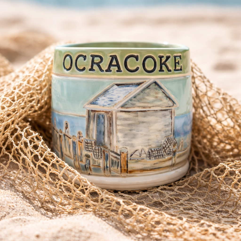 Ceramic mug with a painted beach scene and 'Ocracoke' written on it, placed on sandy beach with a fishnet surrounding it.