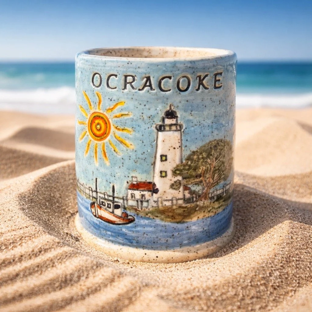 A ceramic mug decorated with a lighthouse, a boat, a tree, and the word "Ocracoke" against a beach background with sand and ocean waves.
