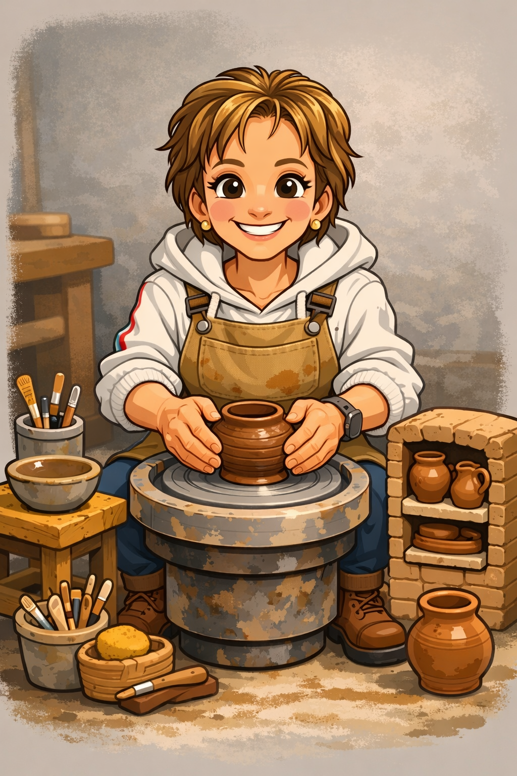 A woman smiling and working on pottery at a potter's wheel. She is wearing a white hoodie and an apron, with pottery tools nearby.