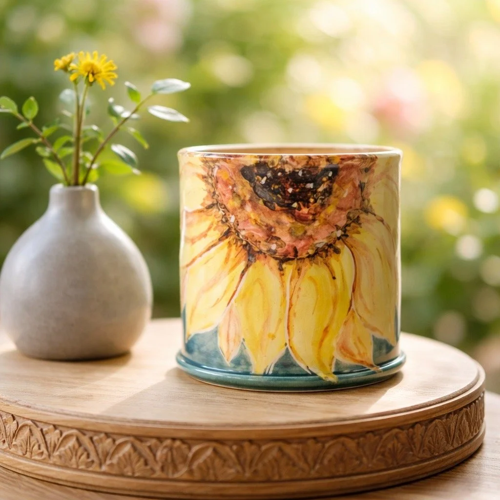 Ceramic mug with sunflower design placed on a wooden surface next to a small vase with yellow flowers, with greenery in the background.