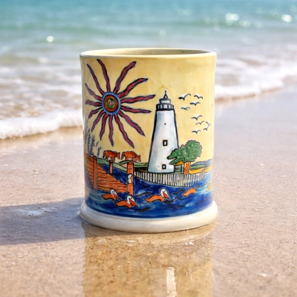 Ceramic mug with a coastal scene featuring a lighthouse, trees, sailboats, and seagulls, placed on a sandy beach near the ocean.