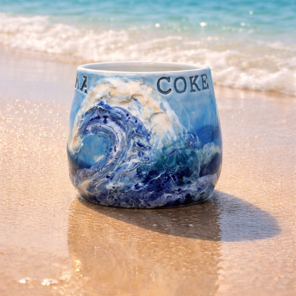 A ceramic mug with ocean wave design and the words "COKE" and "WAVE" on a sandy beach near the water.