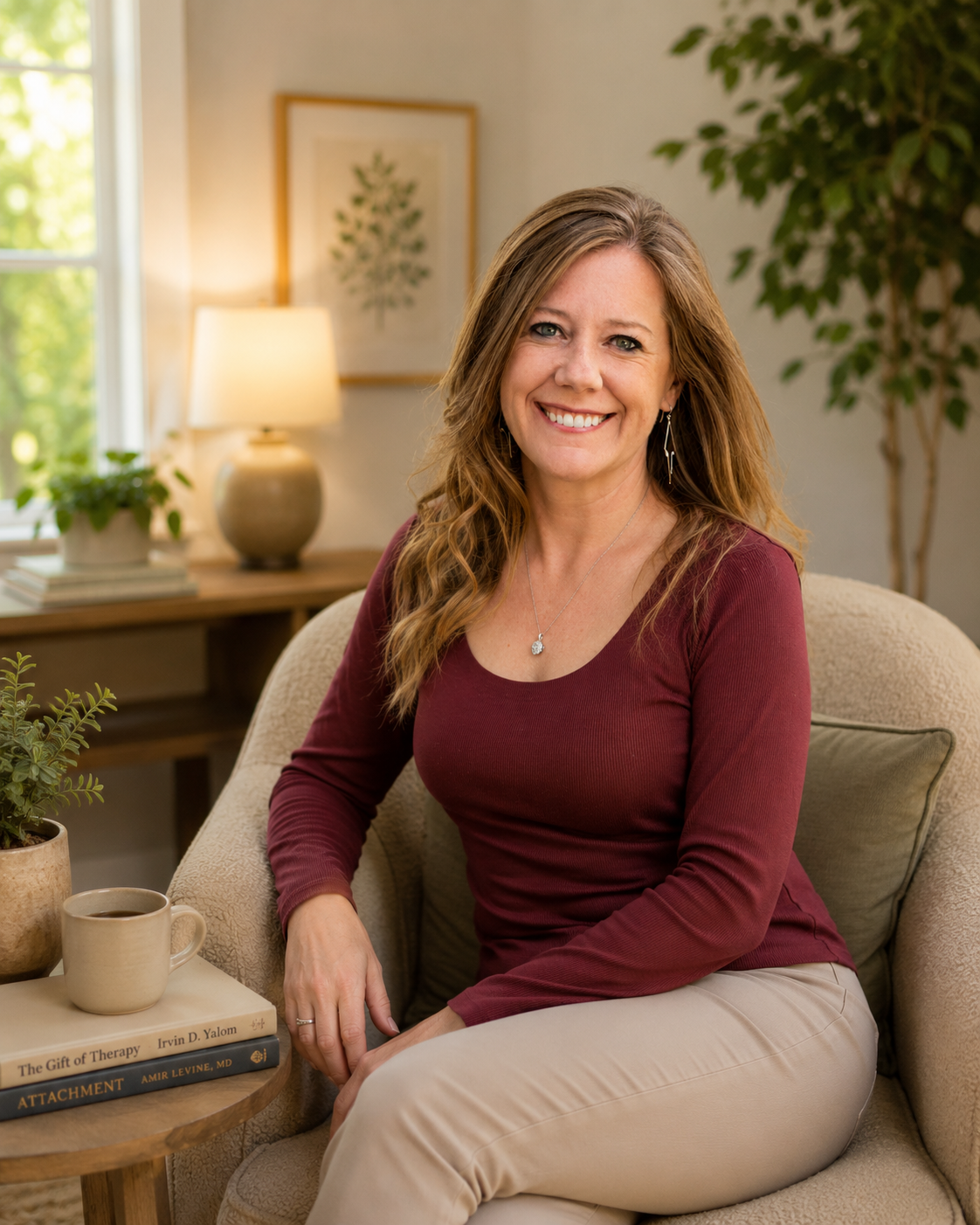 A woman with long wavy hair smiling at the camera, sitting on a beige armchair in a cozy room with a lamp, plants, and framed botanical art.