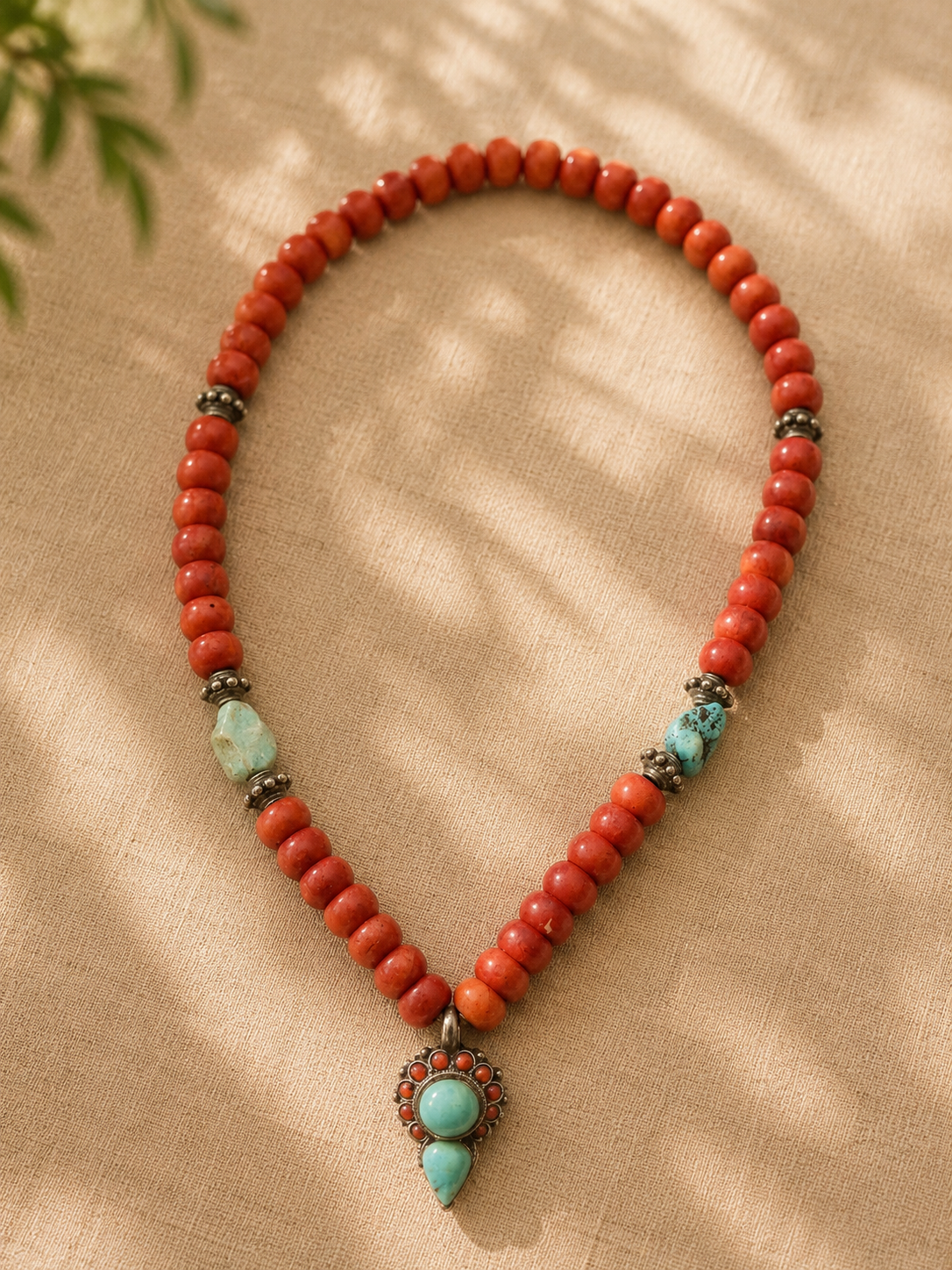 Elegant Turquoise & Coral Bohemian Bead Necklace
