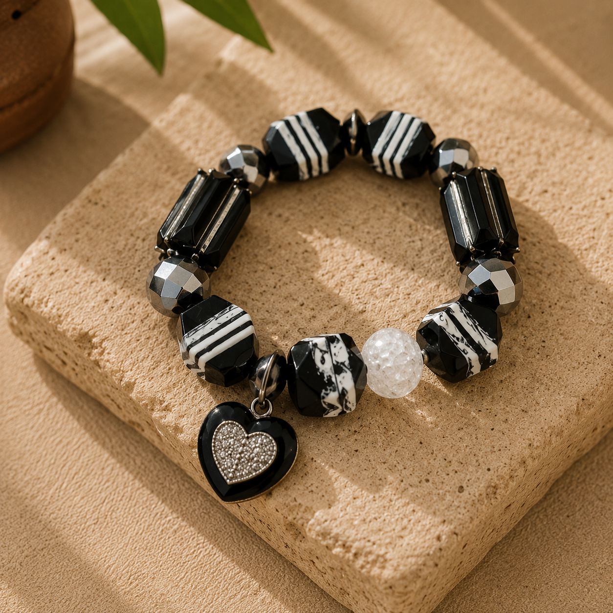 Monochrome Elegance Bead Bracelet with Heart Charm