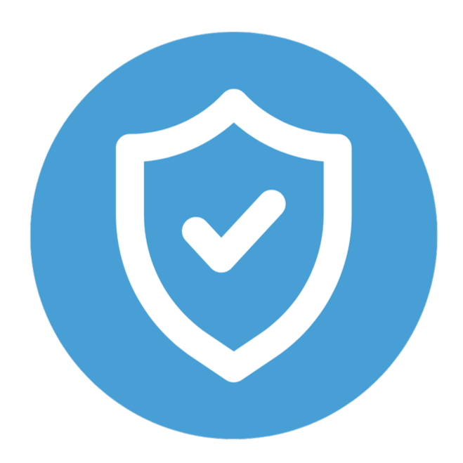 Blue circle with a white shield outline and a checkmark inside