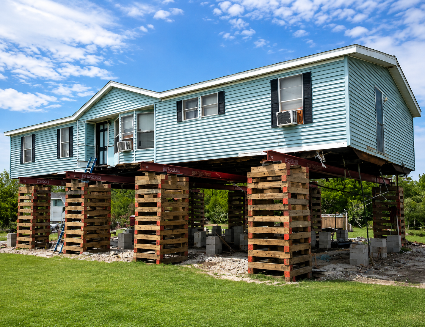 A house elevated on wooden and concrete supports under construction, with additional support beams and cinder blocks visible below.