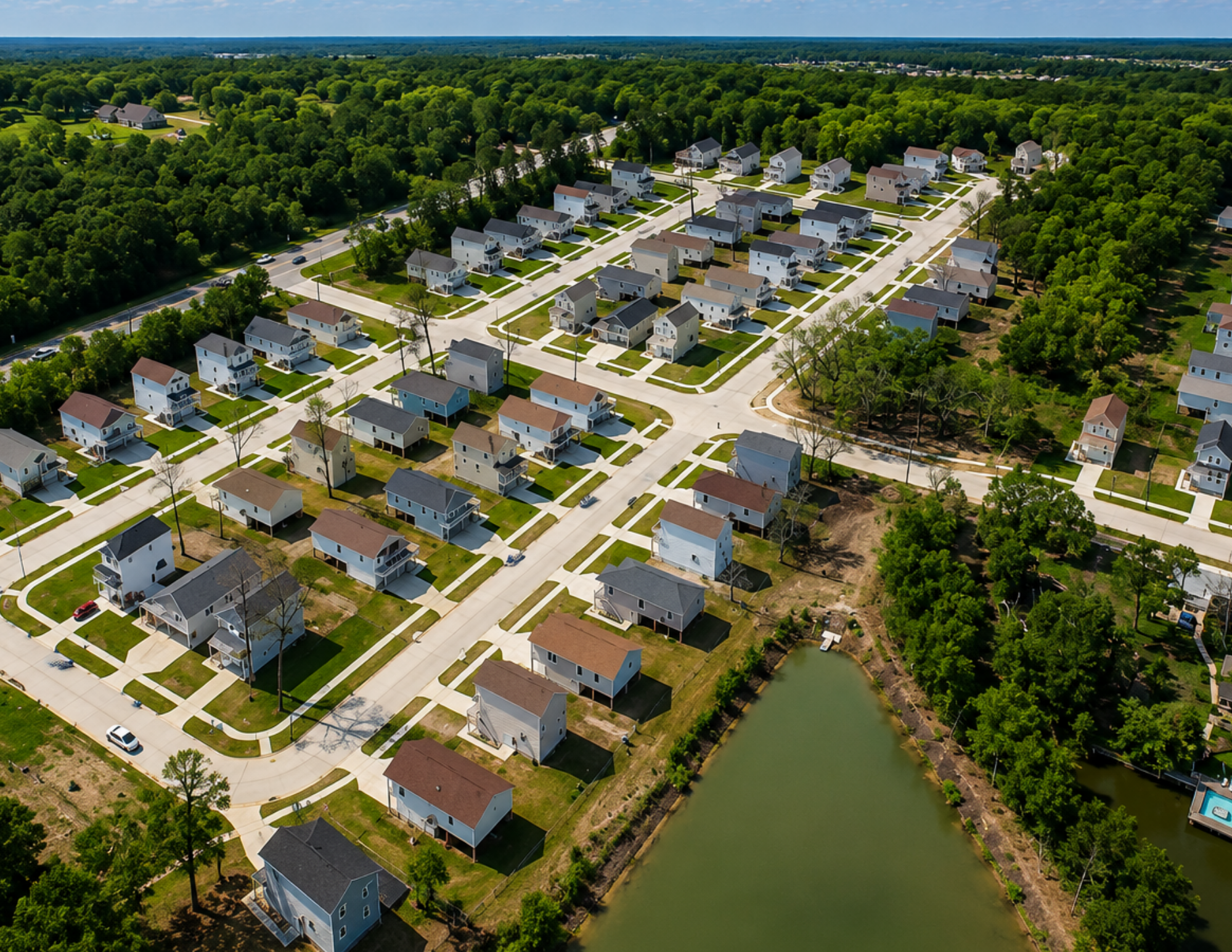 Aerial view of a suburban neighborhood with houses, trees, roads, and a small body of water at the bottom right corner.