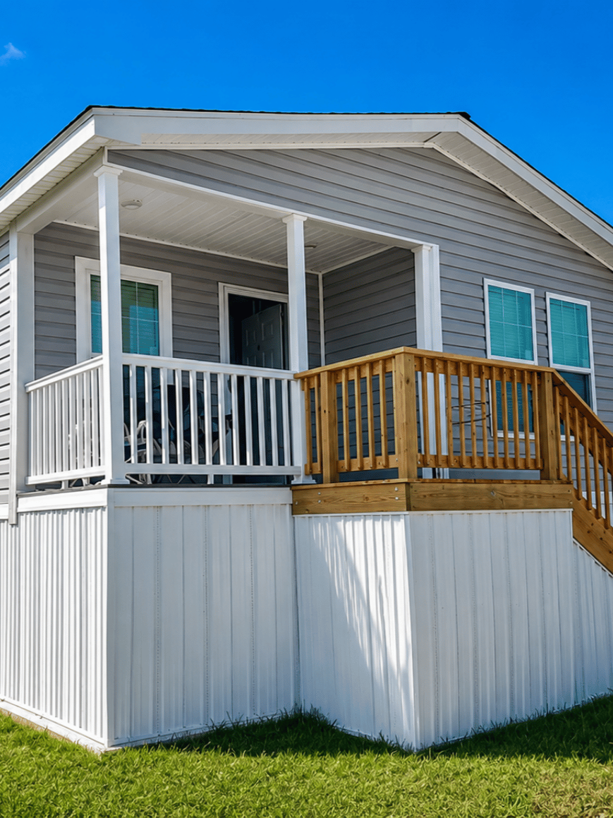 Close-up of a two-story house with a porch and wooden railing, gray siding, white trim, and a green lawn in front.