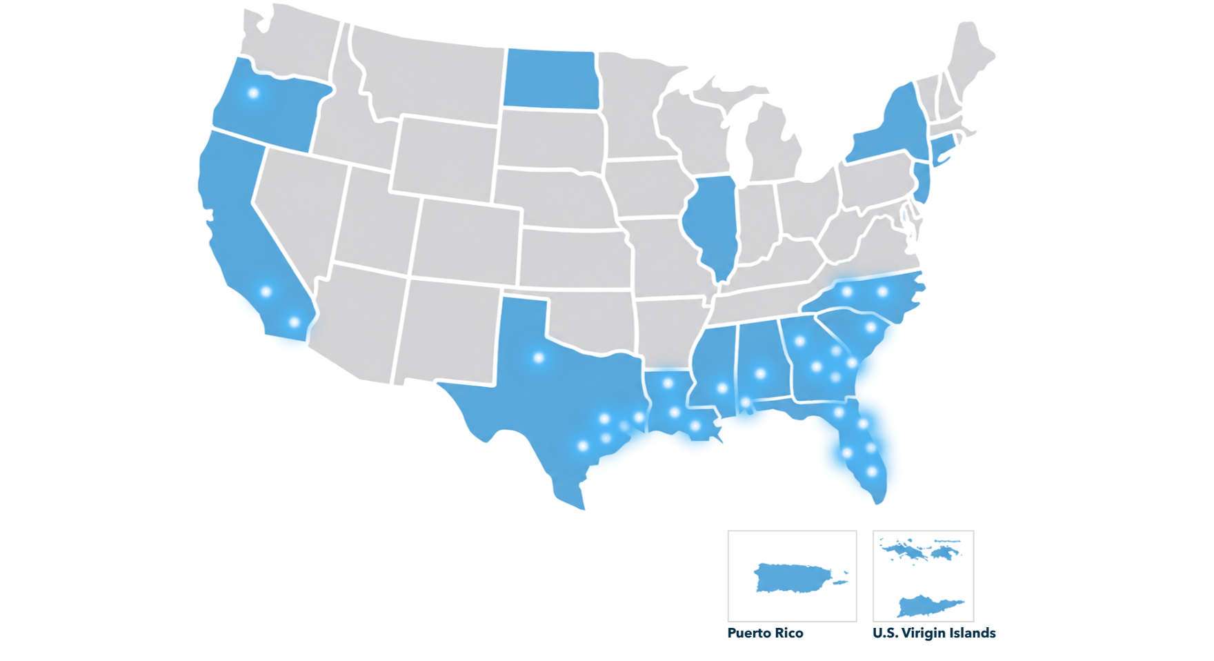 Map of the United States with blue dots indicating major cities.