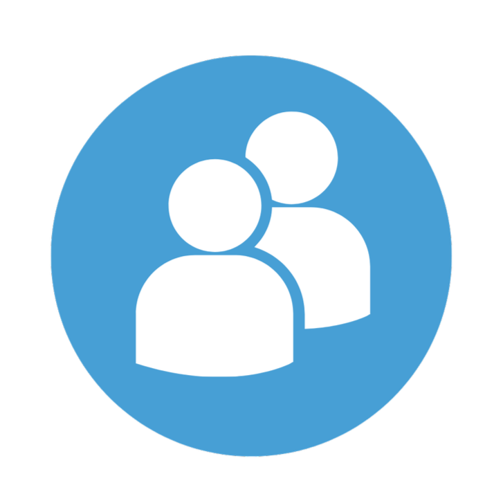 Icon of two white user silhouettes on a blue circular background, representing a group or community.