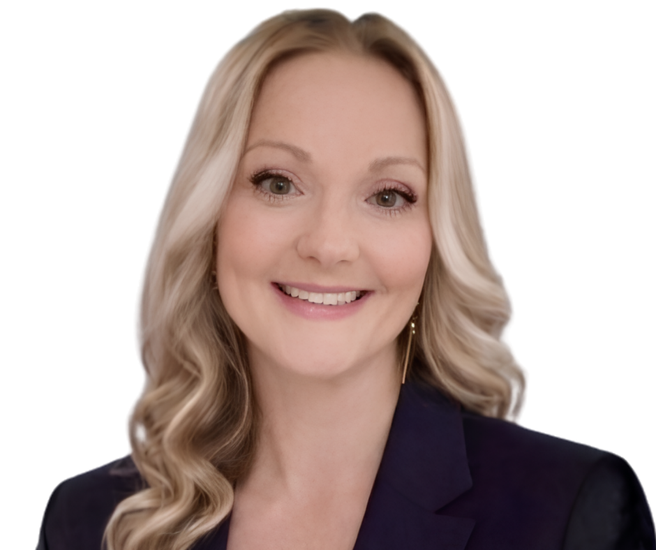 A woman with long, wavy blonde hair smiling and wearing a dark blue collared shirt with an embroidered logo reading 'dsw'.