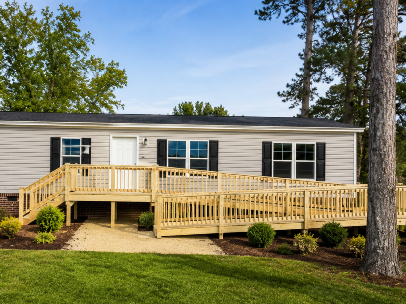 A beige manufactured home with black window shutters and a white door, featuring a new wooden ramp. There is a landscaped yard with green grass, bushes, and tall trees behind the house under a blue sky.