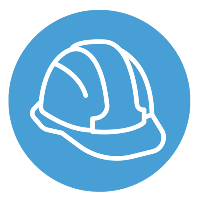 Illustration of a safety helmet or hard hat on a blue circular background.