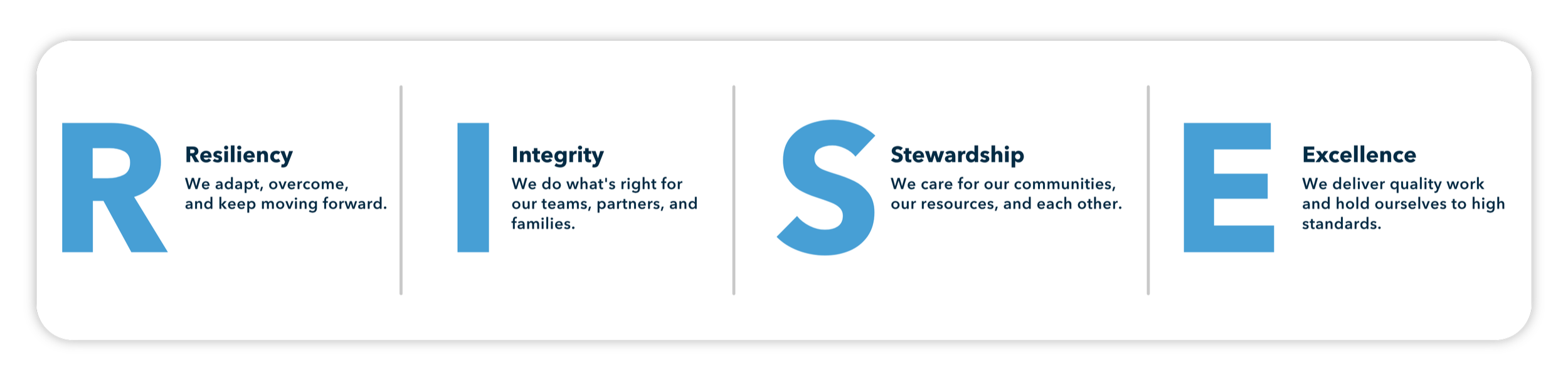 DSW Homes company culture and RISE values: Resiliency, Integrity, Stewardship, and Excellence.