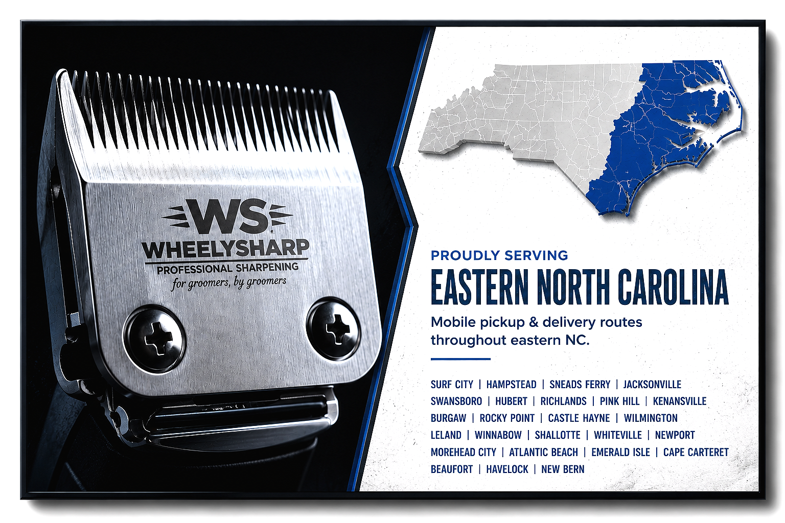 WheelySharp professional grooming blade and shear sharpening advertisement featuring service areas throughout Eastern North Carolina including Wilmington, Jacksonville, and New Bern.