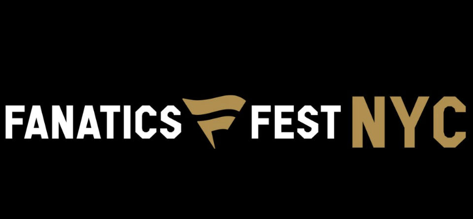 Logo for Fanatics Fest NYC with black background, white and gold text, and a stylized fan icon in the center.