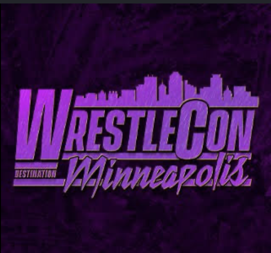 WrestleCon Minneapolis logo in purple with city skyline silhouette in the background.