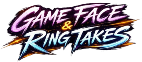 Logo for the game show 'Game Face & Ring Takes' with stylized text and lightning effects.