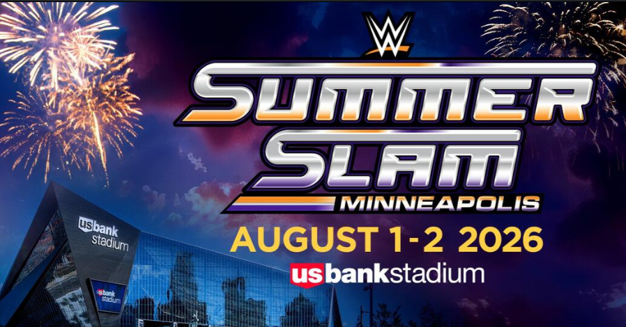 Promotional poster for WWE SummerSlam event at US Bank Stadium in Minneapolis on August 1-2, 2026, featuring fireworks in the background.