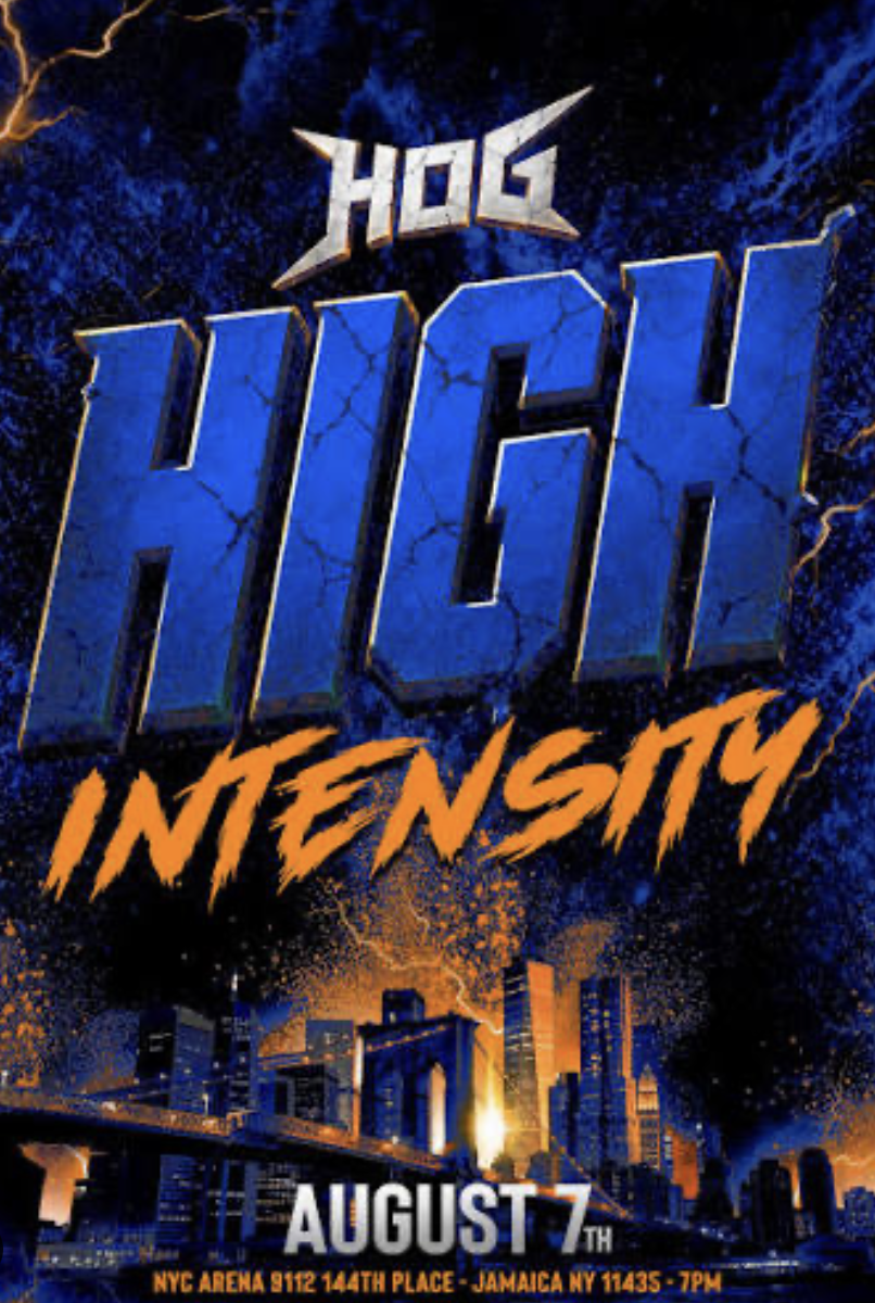 Event poster for 'Hog High Intensity' on August 7th at NYC Arena, Jamaica, NY. Features a city skyline with lightning and fireworks.