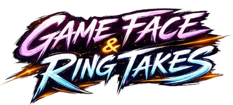 Logo for Game Face & Ring Takes with bold, stylized text in purple, pink, blue, and white, with energetic streaks.
